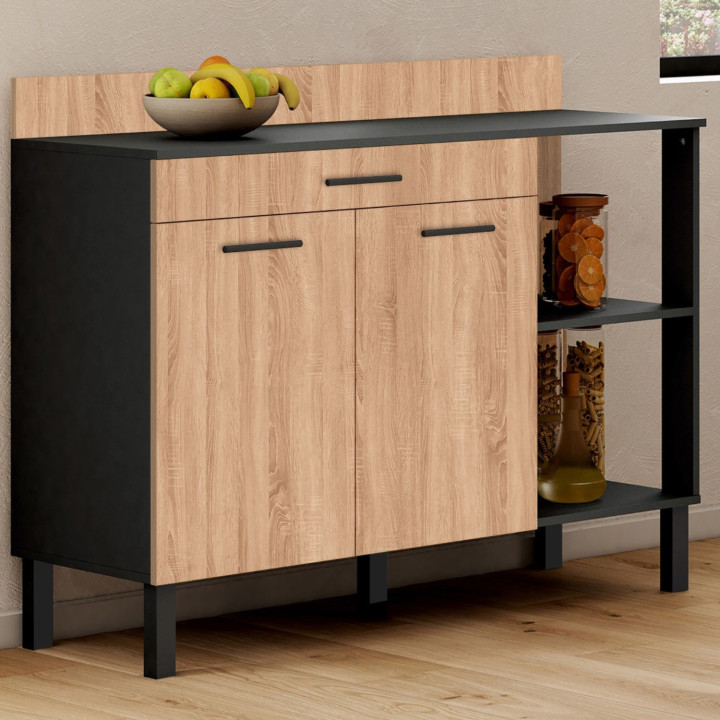 Buffet bas de cuisine 120 cm CINA plan de travail H.83 cm 2 portes + tiroir noir et façon hêtre
