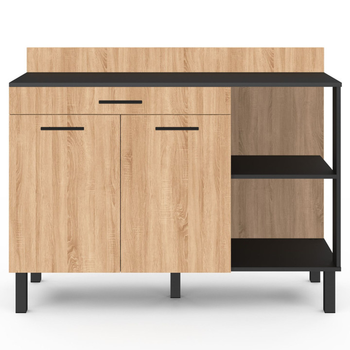 Buffet bas de cuisine 120 cm CINA plan de travail H.83 cm 2 portes + tiroir noir et façon hêtre