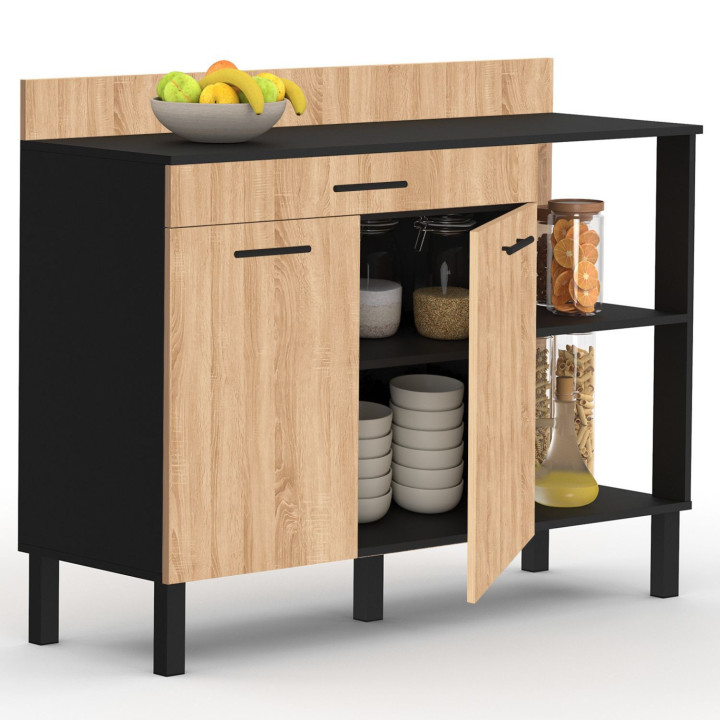 Aparador de cocina bajo 120 cm negro puertas + cajón madera haya veteada - CINA | ID Market