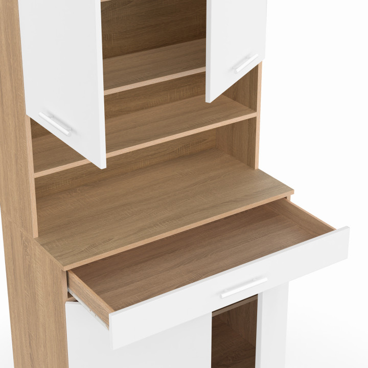 Buffet de cuisine 80 CM CINA 4 portes + tiroir façon hêtre et blanc