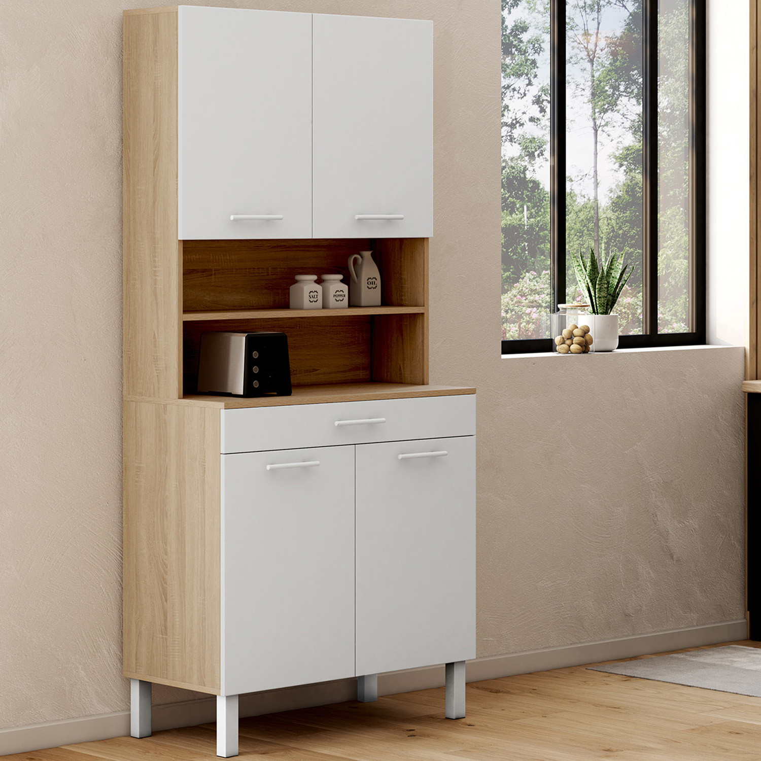 Buffet de cuisine vaisselier blanc et bois façon hêtre 80 cm