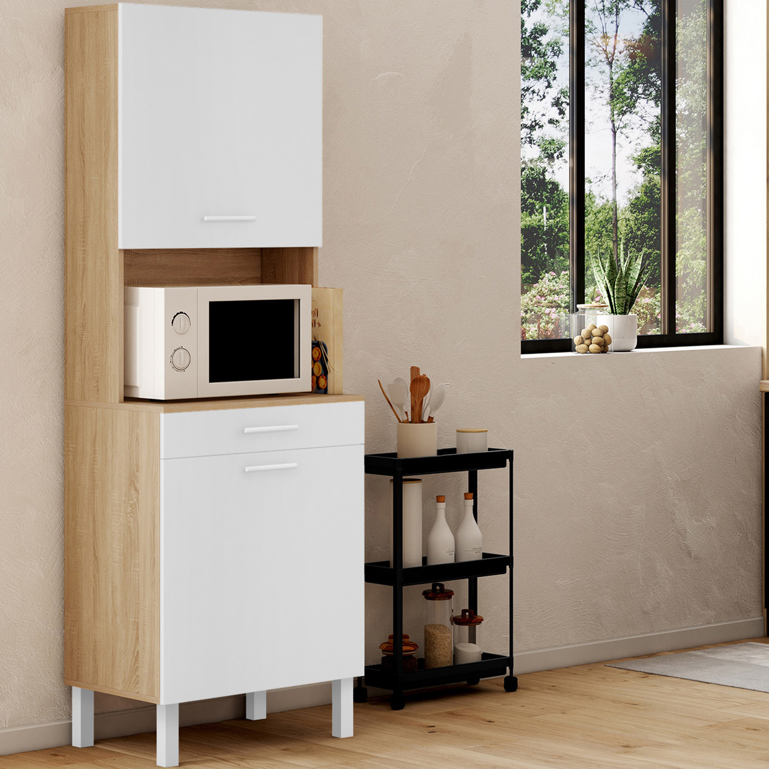 Buffet de cuisine vaisselier blanc et bois façon hêtre 60 cm