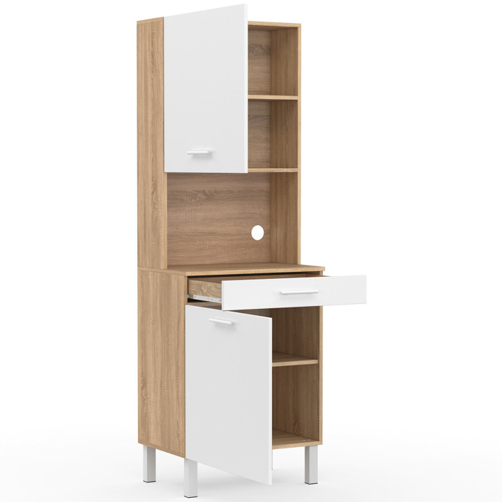 Buffet de cuisine 60 CM CINA 2 portes + tiroir façon hêtre et blanc