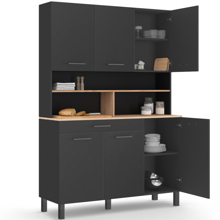 Aparador de cocina negro con 6 puertas, cajón y estantes efecto haya 120cm - CINA | ID Market
