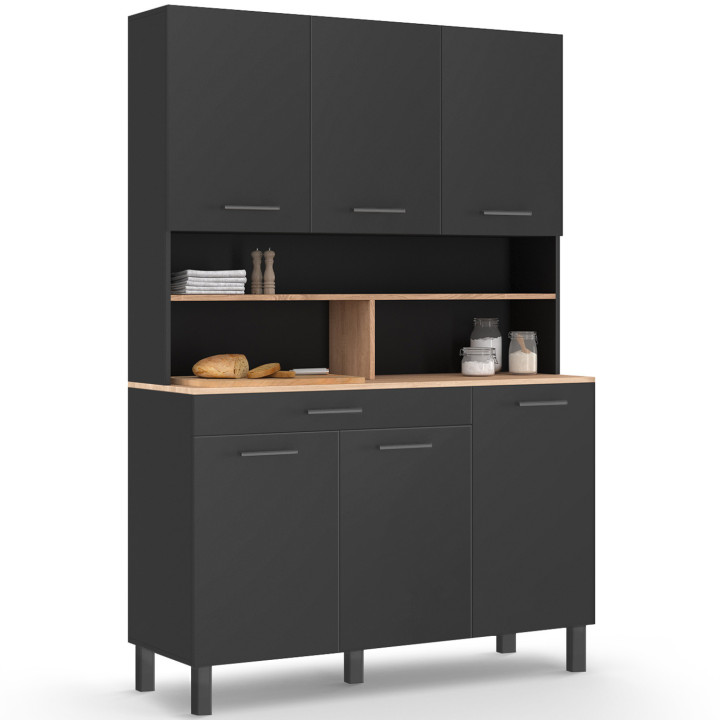 Buffet de cuisine 120 cm CINA 6 portes + tiroir noir et plateaux façon hêtre