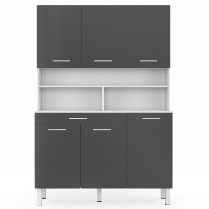 Buffet de cuisine 120 CM CINA 6 portes + tiroir blanc et gris brillant