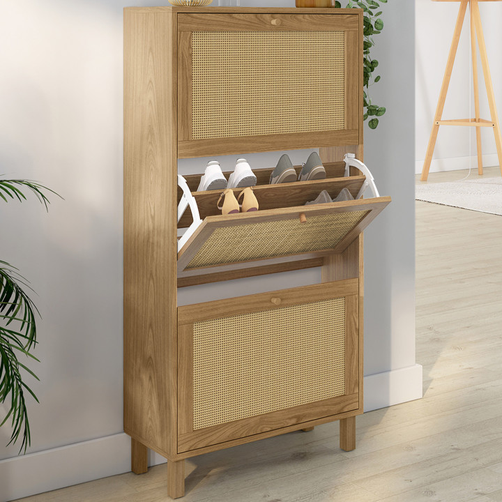 Meuble à chaussures 18 paires vintage HANAE 3 portes effet naturel cannage