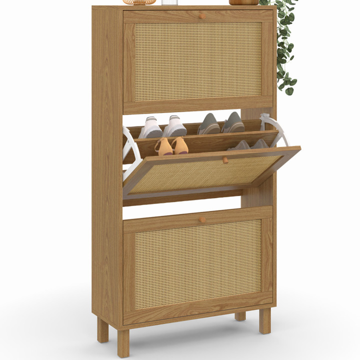 Meuble à chaussures 18 paires vintage HANAE 3 portes effet naturel cannage