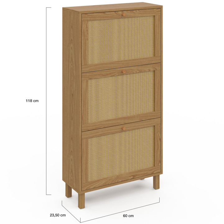 Meuble à chaussures 18 paires vintage HANAE 3 portes effet naturel cannage