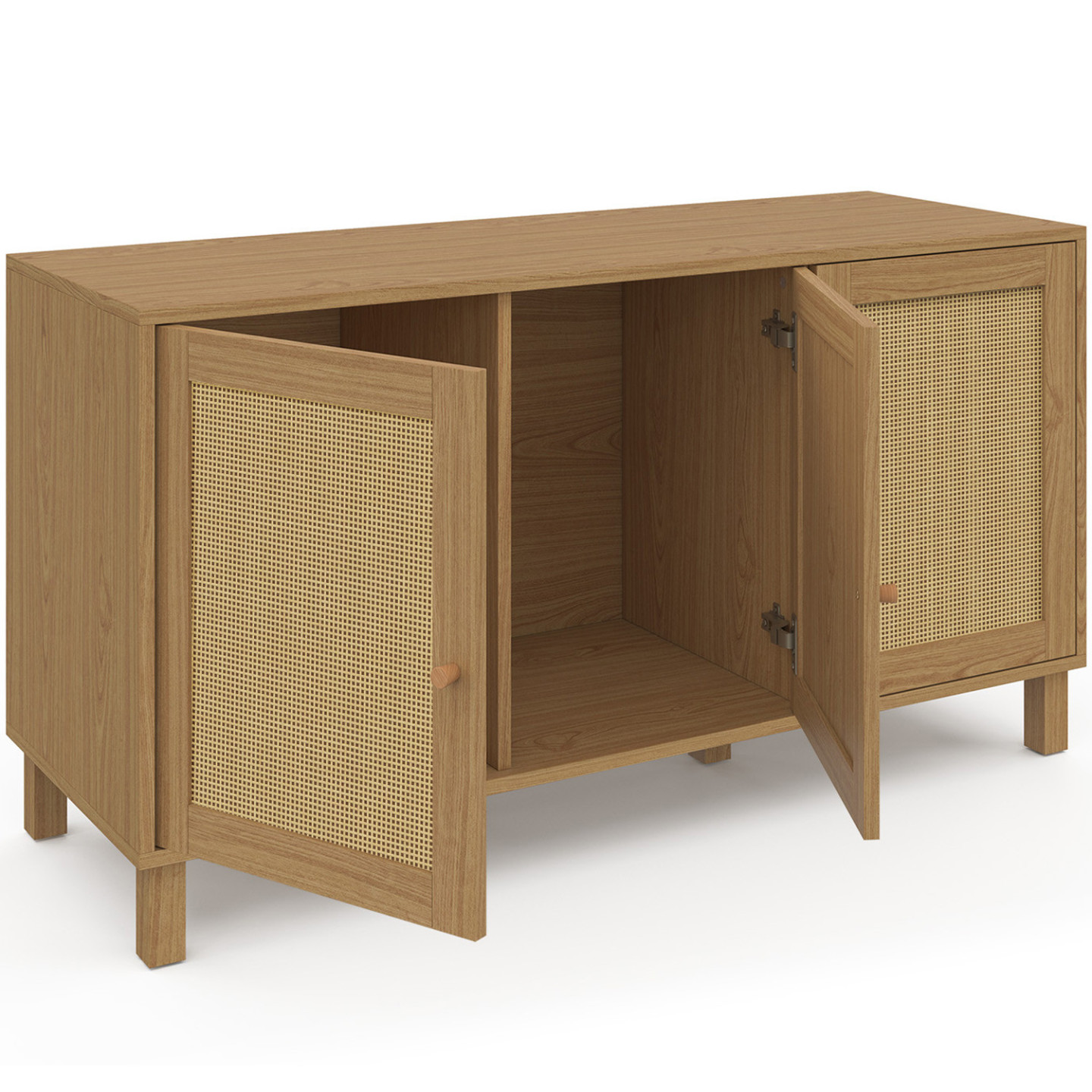 Meuble TV Vintage HANAE 140 Cm - Style Cannage, 3 Portes, Plateau Pour TV 55 Pouces, Finition Bois Clair