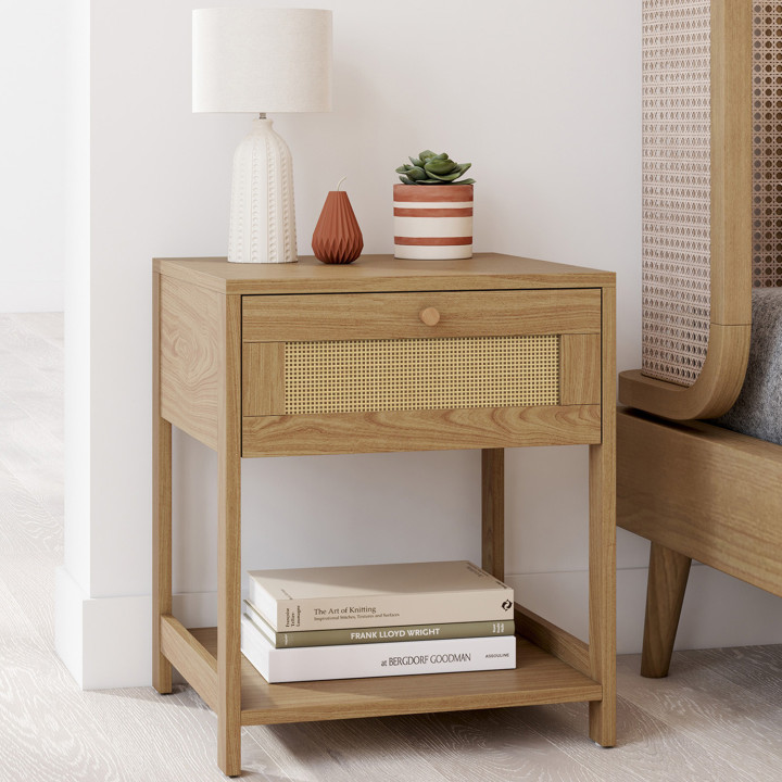 Lot de 2 tables de chevet HANAE vintage 1 tiroir avec tablette effet naturel cannage