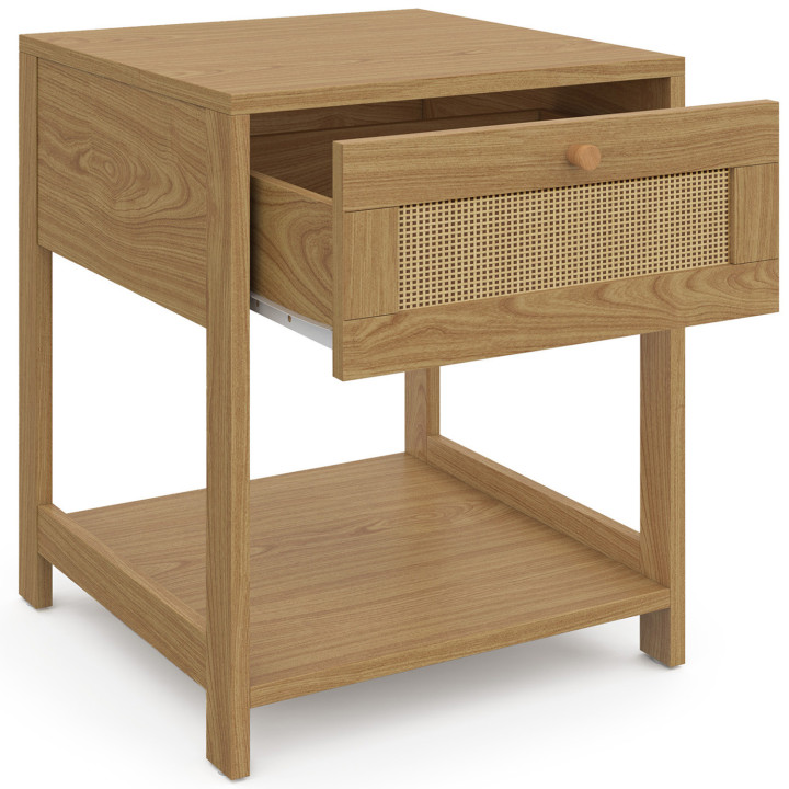 Lot de 2 tables de chevet HANAE vintage 1 tiroir avec tablette effet naturel cannage