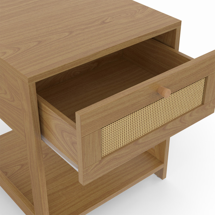 Lot de 2 tables de chevet HANAE vintage 1 tiroir avec tablette effet naturel cannage