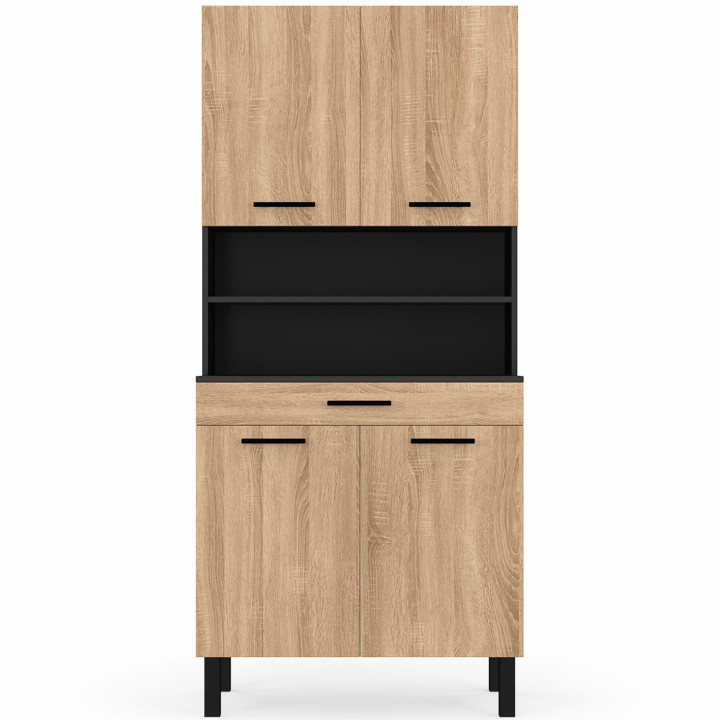 Buffet de cuisine 80 CM CINA 4 portes + tiroir noir et façon hêtre