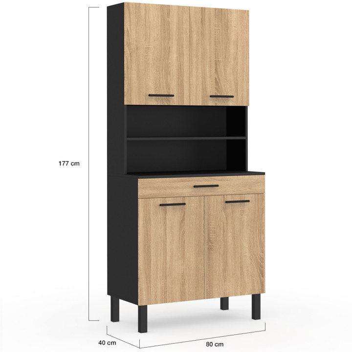 Buffet de cuisine 80 CM CINA 4 portes + tiroir noir et façon hêtre