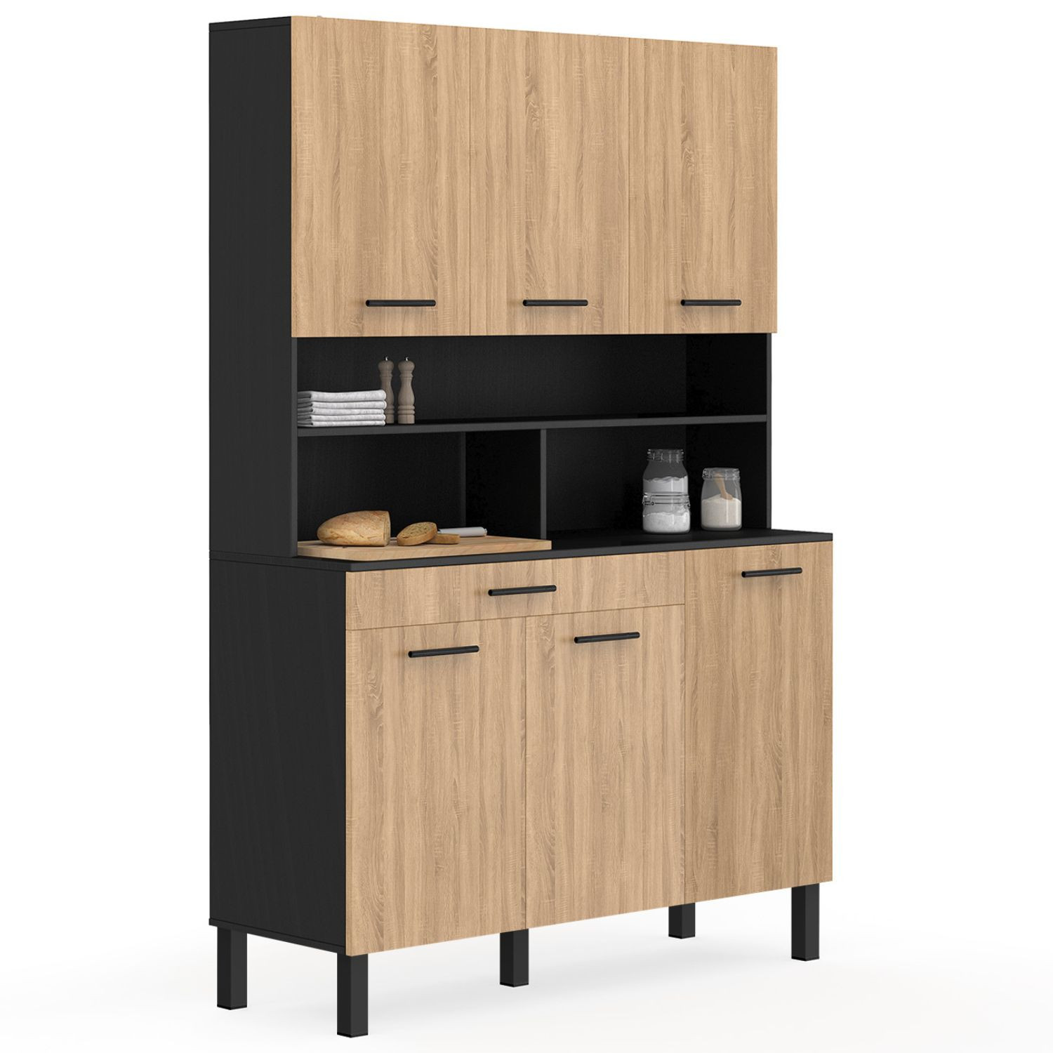 Buffet de cuisine vaisselier noir et bois façon hêtre 120 cm