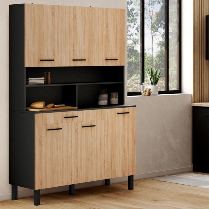 Buffet de cuisine 120 CM CINA 6 portes + tiroir noir et façon hêtre