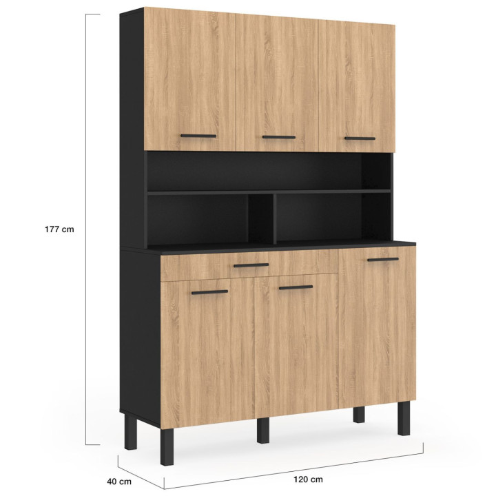 Buffet de cuisine 120 CM CINA 6 portes + tiroir noir et façon hêtre
