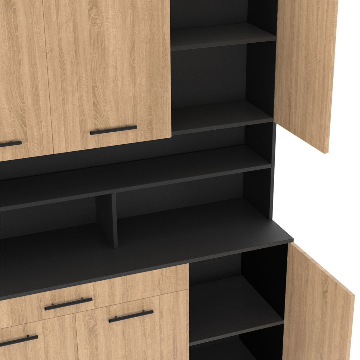 Buffet de cuisine 120 CM CINA 6 portes + tiroir noir et façon hêtre