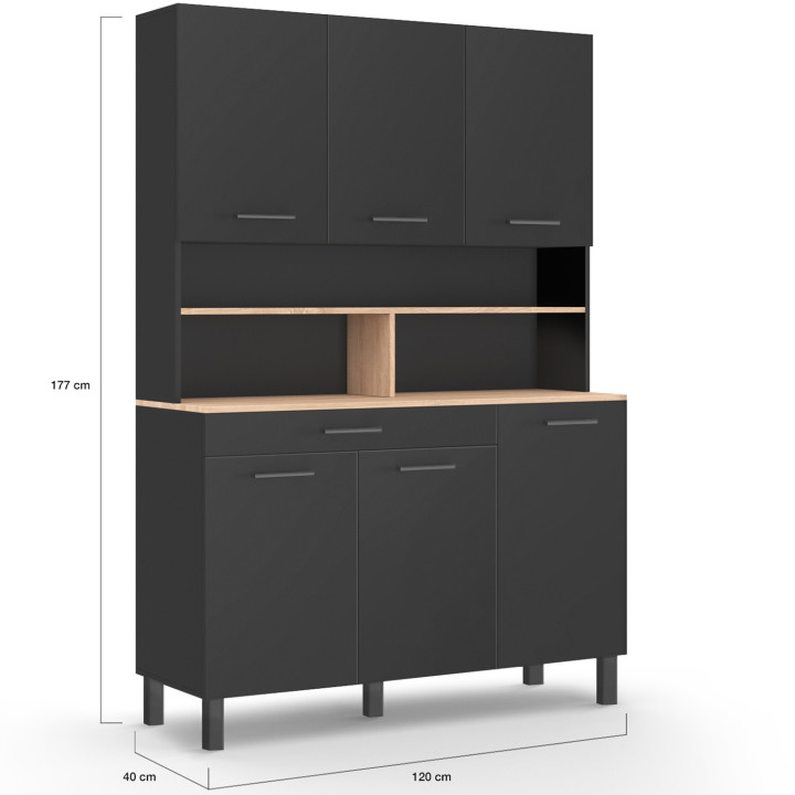 Aparador de cocina negro con 6 puertas, cajón y estantes efecto haya 120cm - CINA | ID Market
