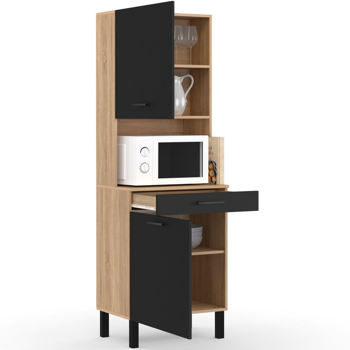 Buffet de cuisine 60 CM CINA 2 portes + tiroir façon hêtre et noir