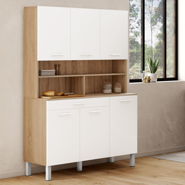 Buffet de cuisine 120 CM CINA 6 portes + tiroir façon hêtre et blanc