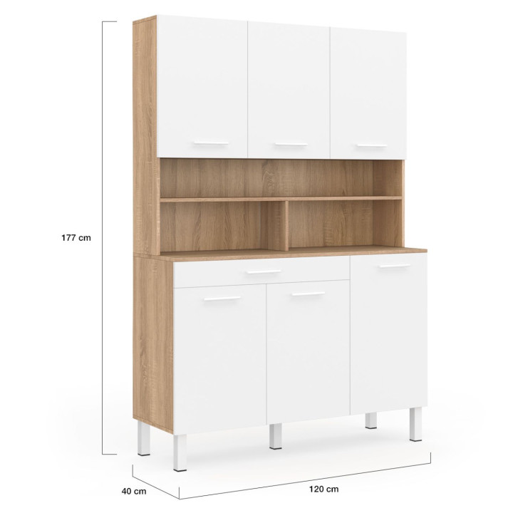 Buffet de cuisine 120 CM CINA 6 portes + tiroir façon hêtre et blanc