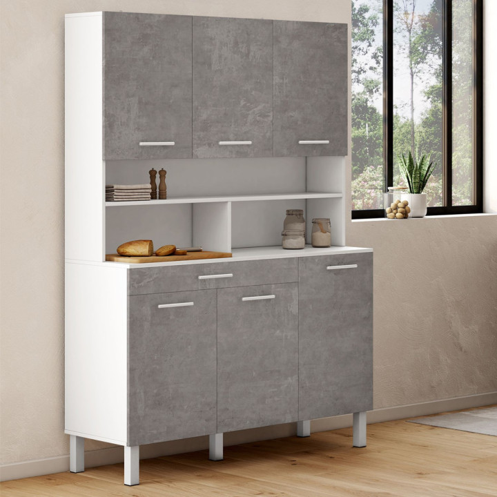 Buffet de cuisine 120 CM CINA 6 portes + tiroir blanc et effet béton