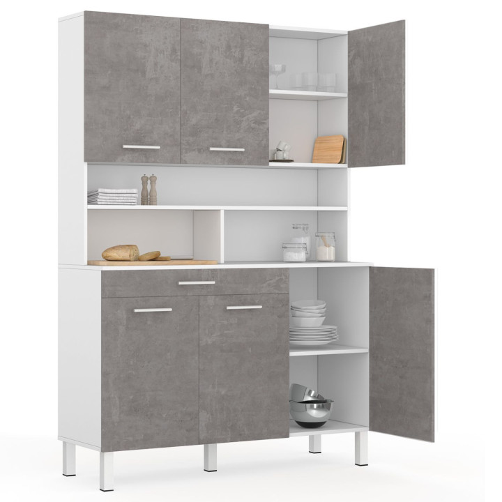 Buffet de cuisine 120 CM CINA 6 portes + tiroir blanc et effet béton