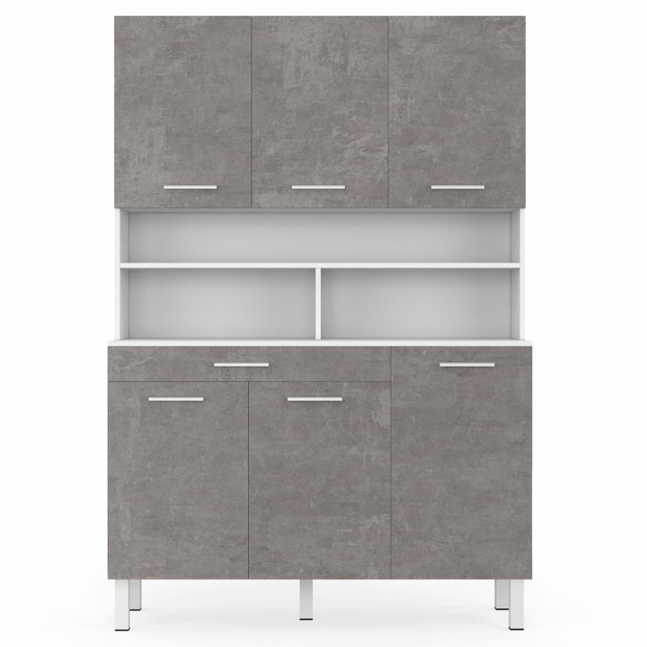 Buffet de cuisine 120 CM CINA 6 portes + tiroir blanc et effet béton