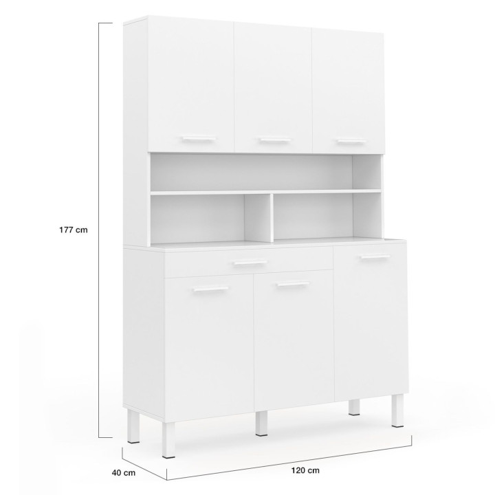 Buffet de cuisine 120 CM CINA 6 portes + tiroir blanc et blanc brillant