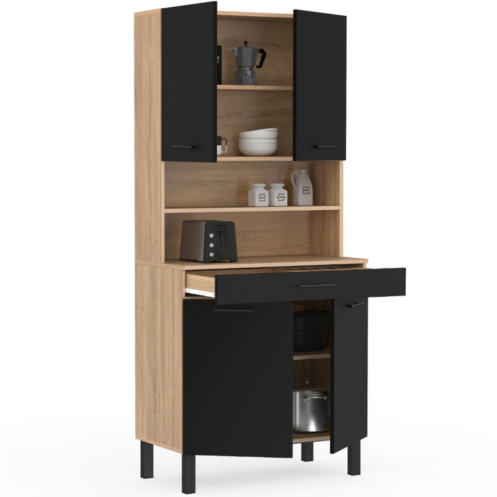 Buffet de cuisine 80 CM CINA 4 portes + tiroir façon hêtre et noir
