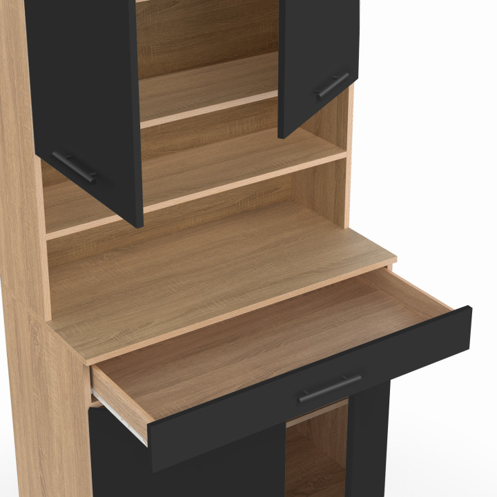 Buffet de cuisine 80 CM CINA 4 portes + tiroir façon hêtre et noir