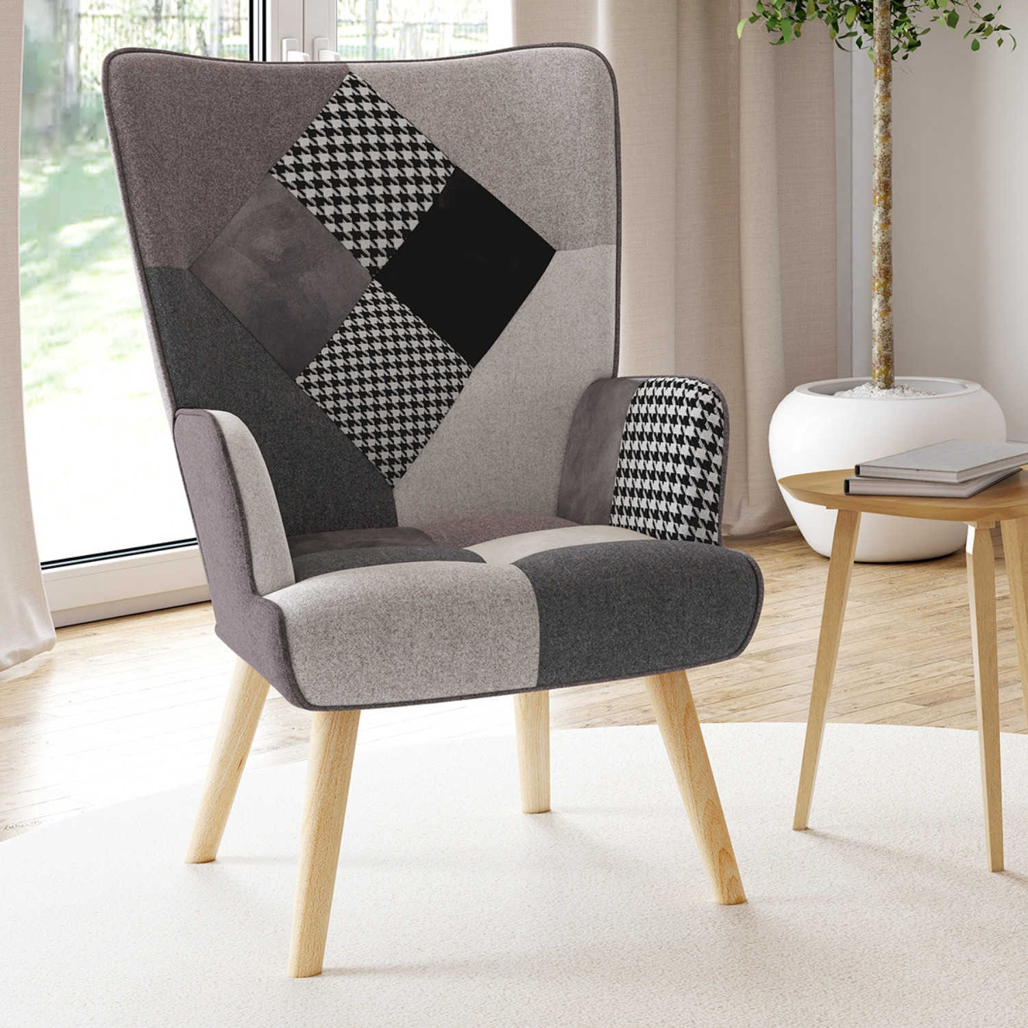 Fauteuil en tissu gris, blanc et noir style scandinave