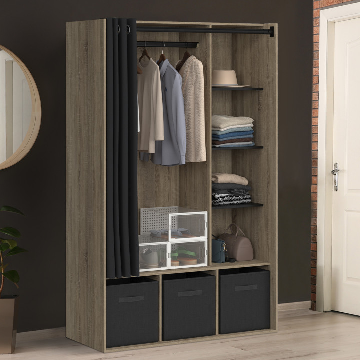 Dressing penderie DIANE 105 x 50 x 172 cm hêtre avec étagères + boites de rangement + rideau noir