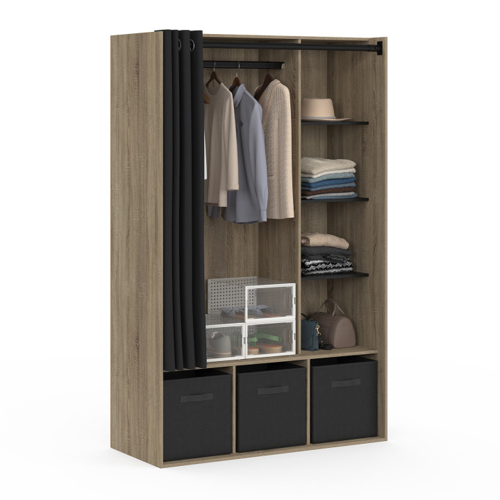 Dressing penderie DIANE 105 x 50 x 172 cm hêtre avec étagères + boites de rangement + rideau noir