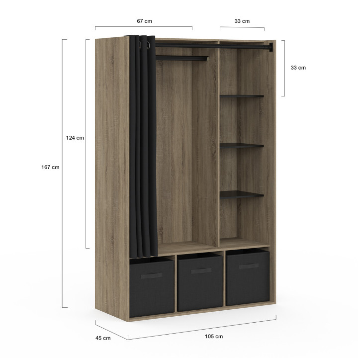 Dressing penderie DIANE 105 x 50 x 172 cm hêtre avec étagères + boites de rangement + rideau noir