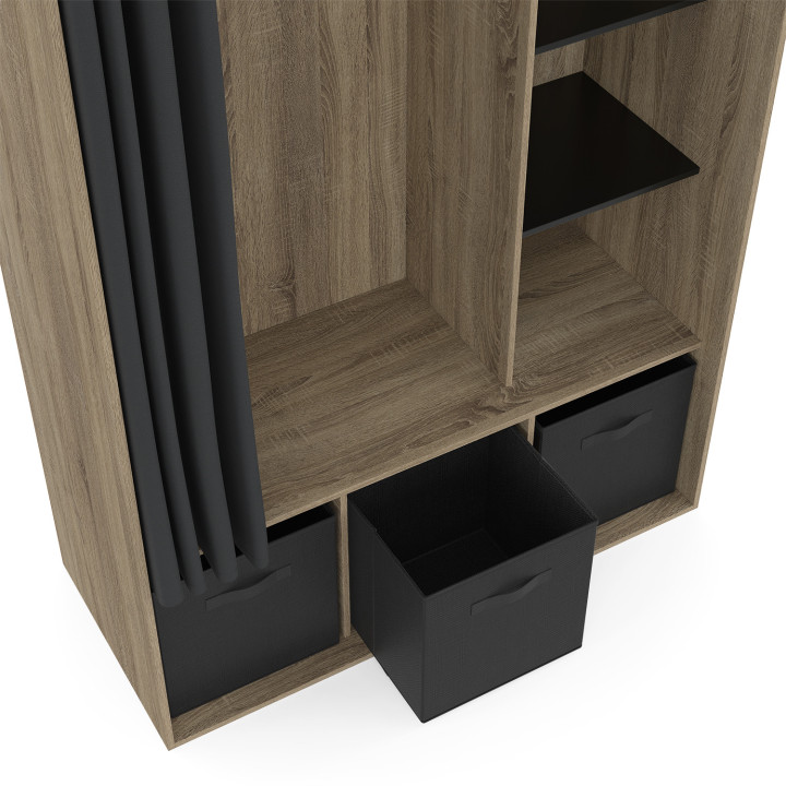 Dressing penderie DIANE 105 x 50 x 172 cm hêtre avec étagères + boites de rangement + rideau noir