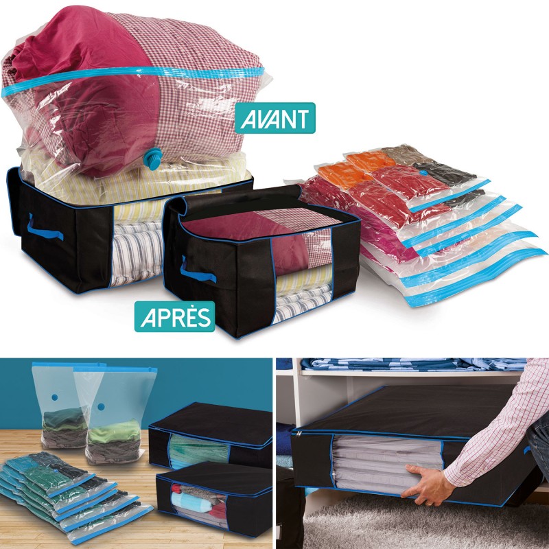 Lot de 10 housses sous vide et 4 coffres rangement Linge et entret...