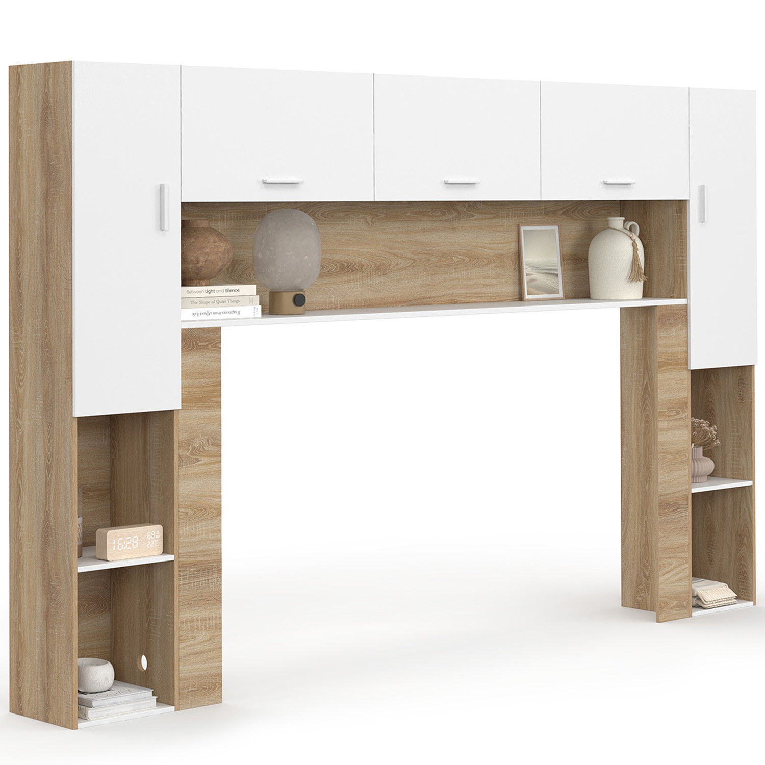 Pont de lit 226 cm avec rangements bois et blanc