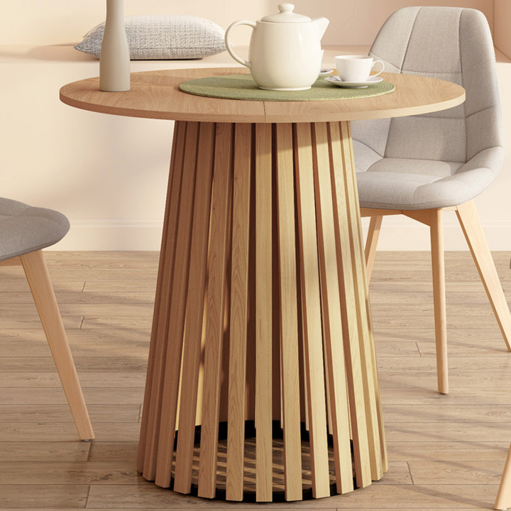 Mesa de comedor redonda para 4 con patas de listones de madera y tablero de madera de 80 cm - CARMEN | IdMarket