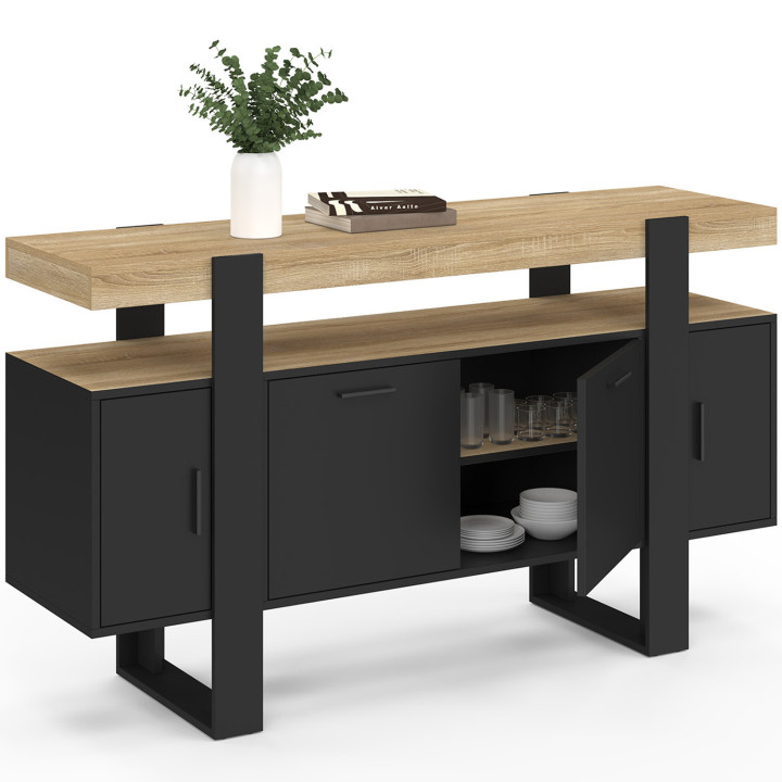 Aparador negro de 4 puertas de 140 cm con tapa de madera - PHOENIX | ID Market