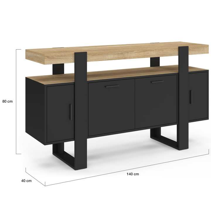 Buffet 140 cm PHOENIX 4 portes noir avec plateau bois