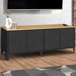 Niedriges Sideboard im Industriestil mit 4 schwarzen Metalltüren und Holzplatte 140 cm - ESTER | ID Market