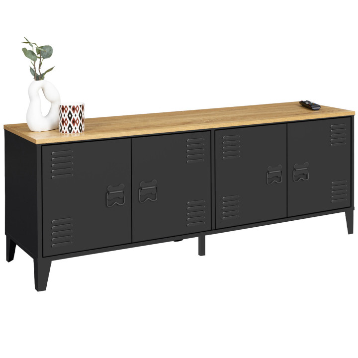 Niedriges Sideboard im Industriestil mit 4 schwarzen Metalltüren und Holzplatte 140 cm - ESTER | ID Market