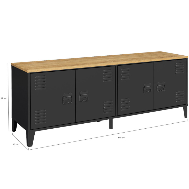 Niedriges Sideboard im Industriestil mit 4 schwarzen Metalltüren und Holzplatte 140 cm - ESTER | ID Market