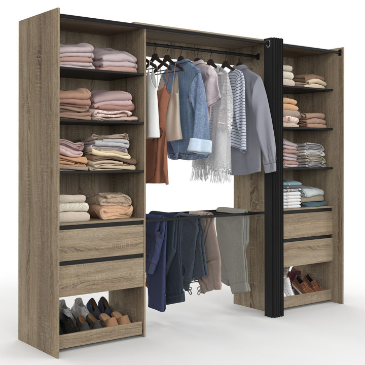 Dressing double XXL MERYL 220 cm avec porte pantalons + étagères + tiroirs + rangements à chaussures hêtre et noir