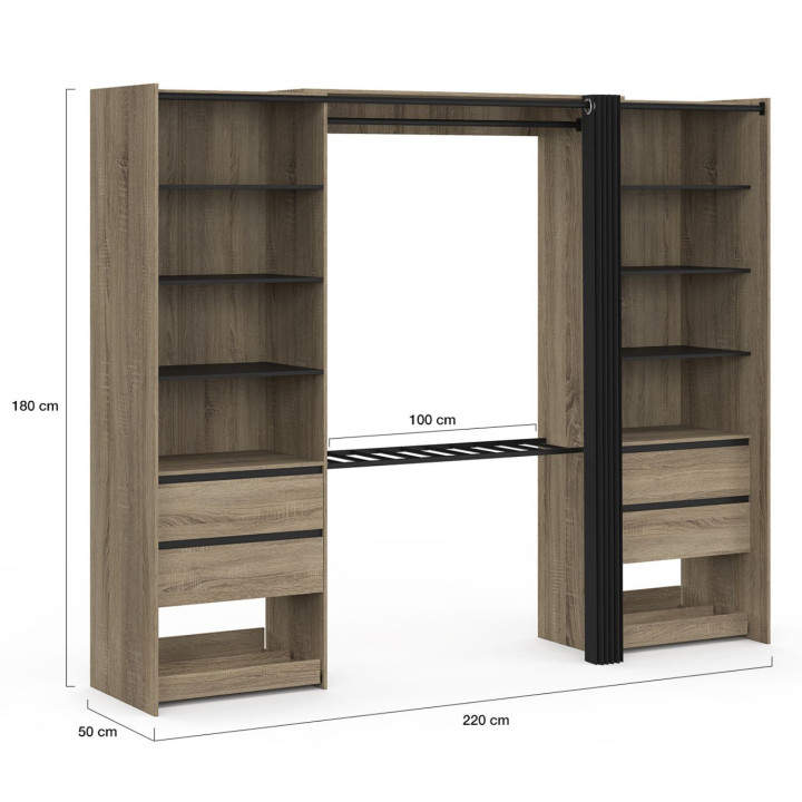 Doppelter begehbarer Kleiderschrank XXL MERYL 220 cm Buche mit Hosenhalter + Regale + Schubladen + Schuhablage und schwarz