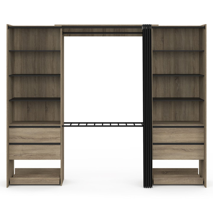 Dubbele beuken kledingkast XXL 220 cm met broekenhanger + legplanken + laden + schoenen- en zwarte opbergruimte - MERYL | IdMark