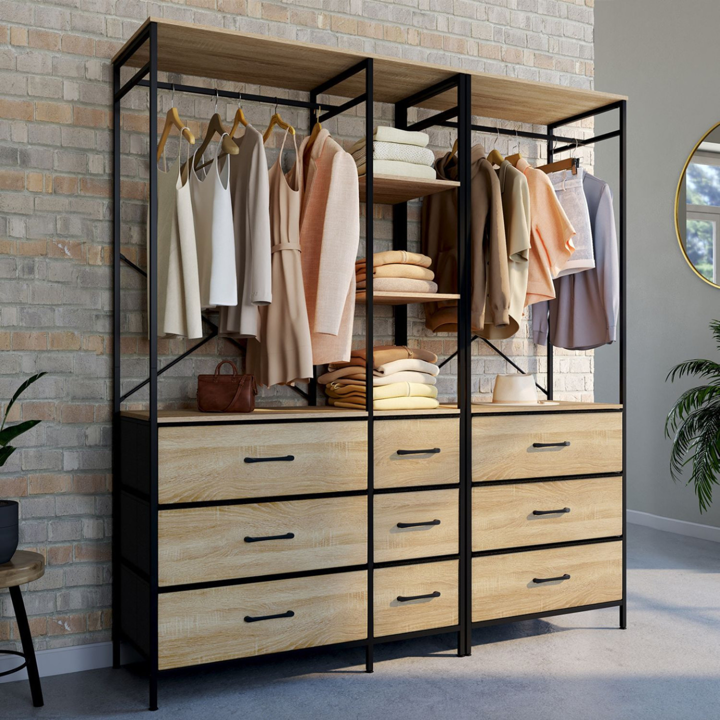 Modularer begehbarer Kleiderschrank B. 150 cm XXL mit 3 Regalen und 9 Behältern aus Stoff in Holz und Schwarz - UTAH